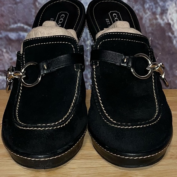 COACH Cleo Black Suede Platform Clip & Ring Clogs Mules Heels Size 7.5B Shoes - Picture 3 of 14